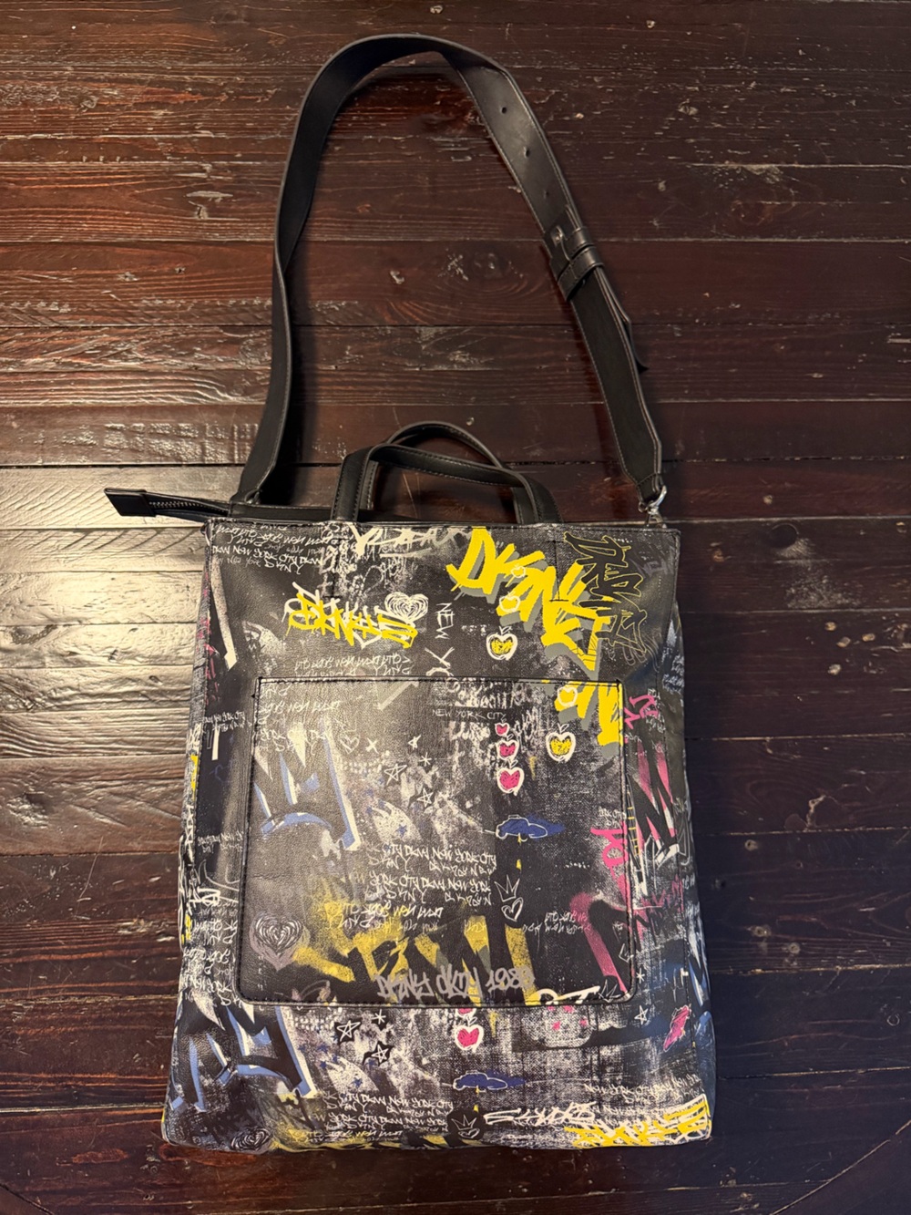 DKNY Graffiti Print Tote Bag Black Multicolor Y2K Streetwear Shoulder Bag